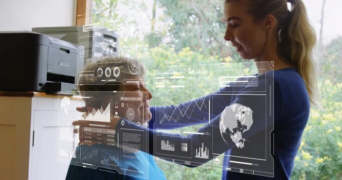 Caregiver tapping tablet and guiding patient through arm test for health with transparent charts