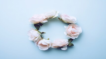 lay. Circular arrangement of vibrant roses against a blue background, top-down view. gardening catalogs, home-decor guides, designed for gardening and botanical catalogs