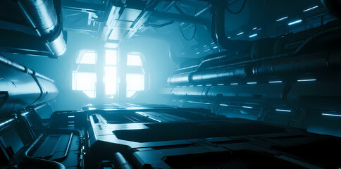 Futuristic industrial corridor with illuminated pipes and glowing panels in a high-tech facility
