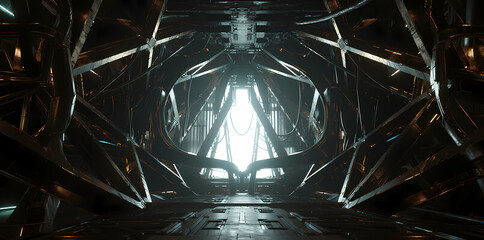 Futuristic metallic corridor with illuminated circular opening and structural beams