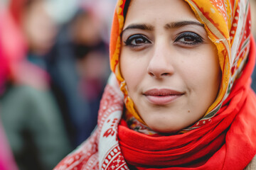 Close-up portrait of a confident woman in a bright orange and red patterned hijab at a rally. Warm expression highlighting strength, culture, and individuality.