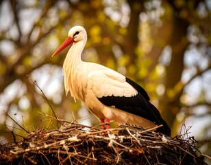 Stork on nest, golden light