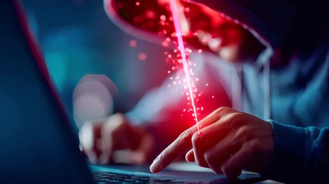 Hooded hacker using glowing red digital code, symbolizing cybercrime, hacking, and data security threats