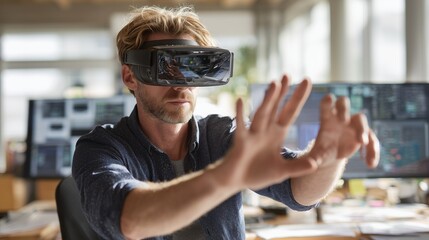 A man in an office uses virtual reality goggles while the man reaches out with his hands. The man interacts with technology, immersed in virtual surroundings at the office.