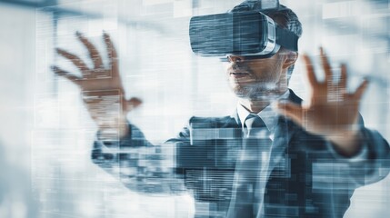 A man in a suit uses virtual reality goggles while the man extends his hands forward. The man interacts with digital interfaces through his virtual reality setup.