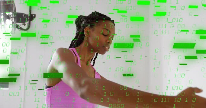 Dancer responding to flickering binary code, extending arms and rotating torso for digital fitness