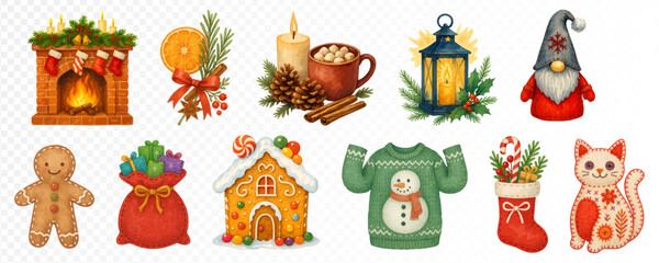 Fototapeta premium Big Christmas cozy set with fireplace, candle, cocoa, lantern, gnome, gingerbread, gifts, house, sweater, stocking and festive cat, watercolor holiday decorations. Vector illustration.