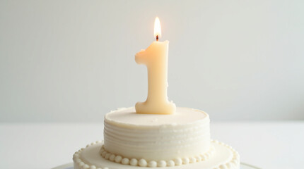 A delightful first birthday cake adorned with a single candle, symbolizing the joyous milestone of a year filled with love, laughter, and cherished memories isolated on white background