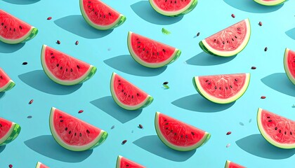 Watermelon slices, vibrant pattern, bright blue background