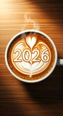 Steaming coffee cup with milk foam shaped into 2026  