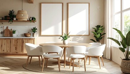 Fototapeta premium Light-filled, modern dining area with a warm, natural aesthetic. Two framed canvases hang above a round table, accented by white chairs