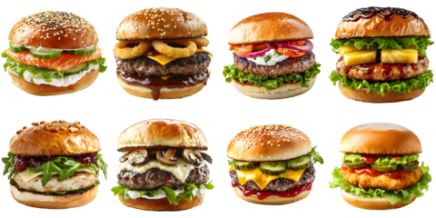 A selection of delicious fast food burgers with various unusual toppings isolated on a transparent background PNG