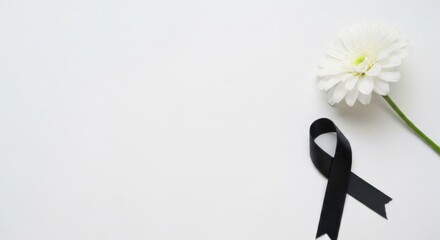 A white flower and a black ribbon on a white background