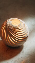 Fototapeta premium Carved wooden object with swirling patterns illuminated by warm light
