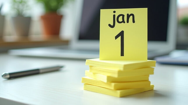 A closeup shot captures a stack of vibrant yellow sticky notes on a clean white desk, with the top note displaying jan 1 in bold black lettering, a pen and laptop in the softfocus background