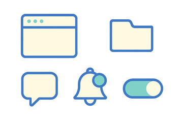 Collection of user interface elements including browser window, folder, chat bubble, notification bell, and toggle switch