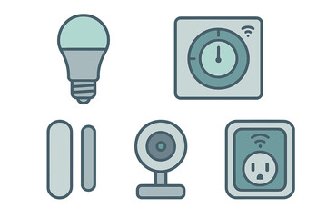 Smart home devices collection with light bulb thermostat sensor camera and power outlet for modern living