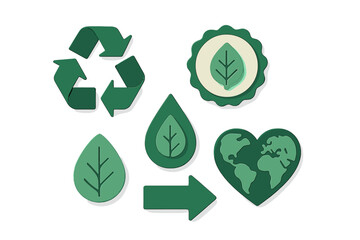 Green environmental sustainability icons collection featuring recycling symbol, leaf, water drop, and earth heart design