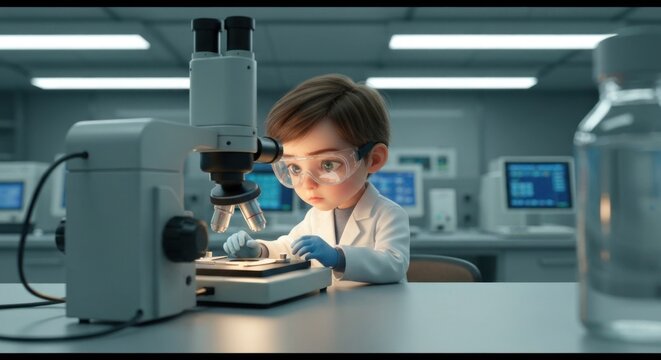 A young boy in a lab coat, focused on a microscope
