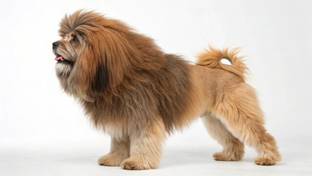 Lowchen dog with distinctive lion-like haircut and fluffy coat standing on a clean white studio background, sharp focus, and professional studio lighting