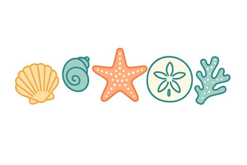Stylized set of various ocean elements including seashell, conch, starfish, sand dollar, and coral designs