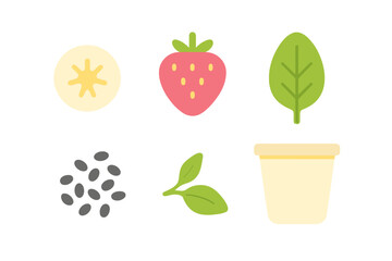 Nutritious fresh banana slice, strawberry, spinach leaf, chia seeds, and yogurt cup arranged for a healthy breakfast or snack