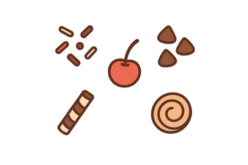 Sweet dessert toppings and confectionery elements including chocolate sprinkles, red cherry, chocolate chips, striped wafer roll, and swirl cookie