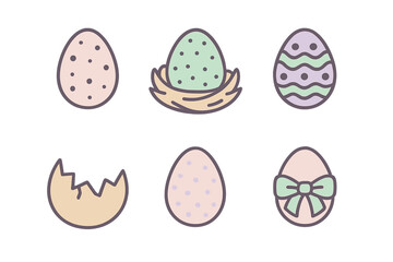 Collection of pastel colored Easter eggs with various patterns, a nest, a cracked shell, and a decorative bow for spring holiday celebration