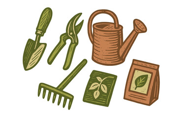 Essential gardening tools and planting supplies including shovel, rake, pruners, watering can, and seed packets © icon_art