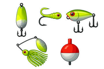 Various types of fishing lures including spoons, jigs, crankbaits, spinnerbaits, and a bobber for freshwater and saltwater fishing
