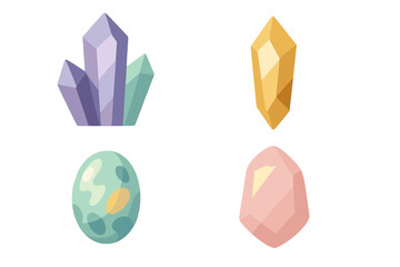 Assortment of colorful fantasy crystals, precious stones, and a unique patterned egg on a clean white background