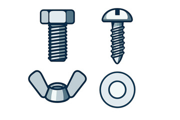 Collection of various metal fasteners for construction and DIY projects including a hex bolt, wood screw, wing nut, and flat washer