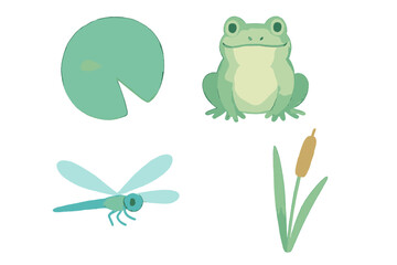 Charming aquatic ecosystem elements with a friendly frog, delicate dragonfly, floating lily pad, and tall cattail