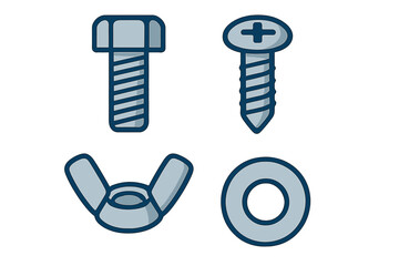 Set of common metal hardware fasteners: bolt, screw, wing nut, and washer for construction and repair