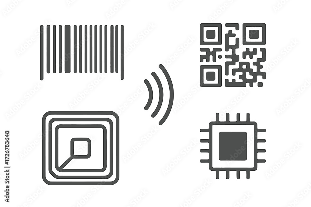 Poster digital identification and data scanning technology featuring barcode, qr code, rfid, and microchip 