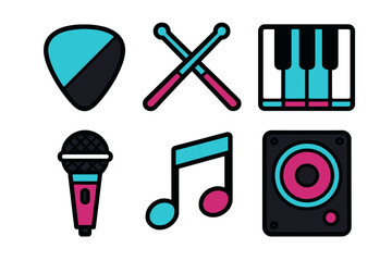 Diverse collection of musical instrument and audio equipment icons with contemporary flat design aesthetic