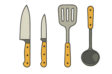 Assortment of essential kitchen utensils including knives, spatula, and ladle for cooking and food preparation