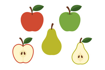Variety of fresh red and green apples and pears, whole and sliced, featuring natural leaves and stems on a clean white background