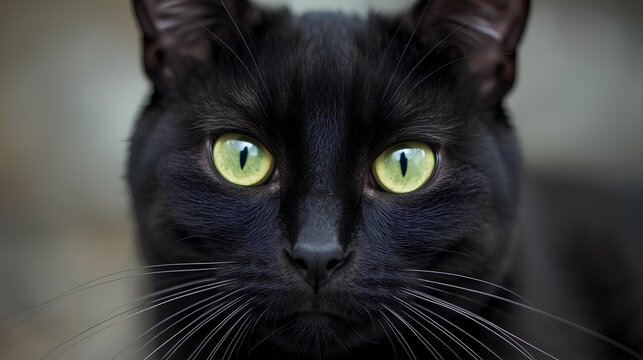 Stunning Black Kitty with Bright Green Eyes Closeup