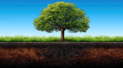 Obraz premium Lush tree with extensive root system in soil.