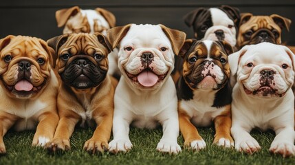 Obraz premium A group of dogs are laying on the grass, with one of them having a tongue sticking out