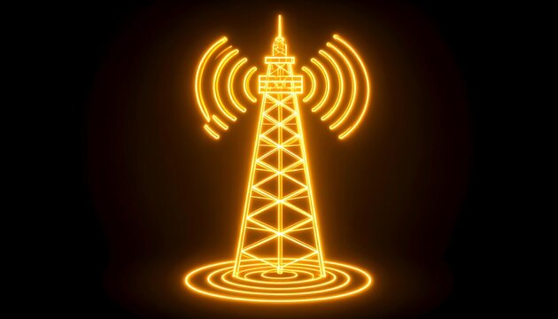 Neon-orange radio tower, radiating waves, dark background