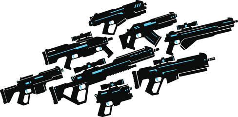 Futuristic firearm silhouette vector set with sci-fi weapons, cyberpunk gun designs, tactical gear illustration, high-tech concept art