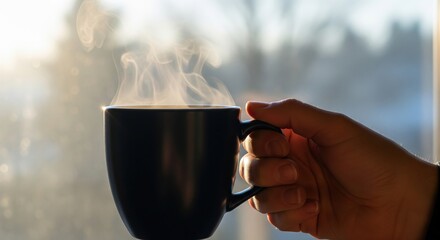 Hand Holding Black Mug with Steam Against Bright Window Light