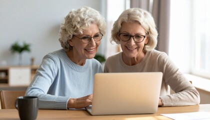 Two elderly women sitting at a desk at home, looking at a laptop together