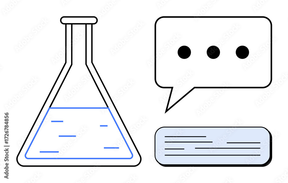 Aufkleber laboratory flask with liquid, speech bubble, and text block symbolizing science communication, educa