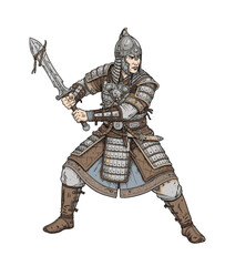 Obraz premium Traditional warrior vector illustration with detailed armor, combat stance, sword weapon, historical battle attire, fantasy character design, heroic silhouette