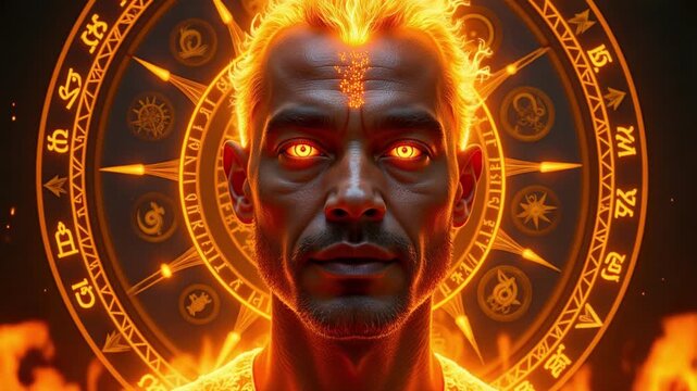 Lord Agni's celestial dance on the wheel of time, a powerful vision in 4k video. Mythic energy and cosmic grandeur for your creative projects.