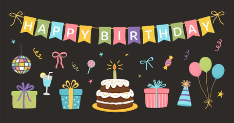 Vector illustration set of cute birthday party elements. Banner, cake, gifts, balloons, disco ball, and sweets in a modern flat hand drawn style on a dark background. For stickers, greeting cards.
