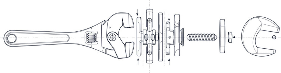 Exploded adjustable wrench assembly vector diagram with labeled tool components, gear mechanism, mechanical blueprint, engineering schematic, precision illustration